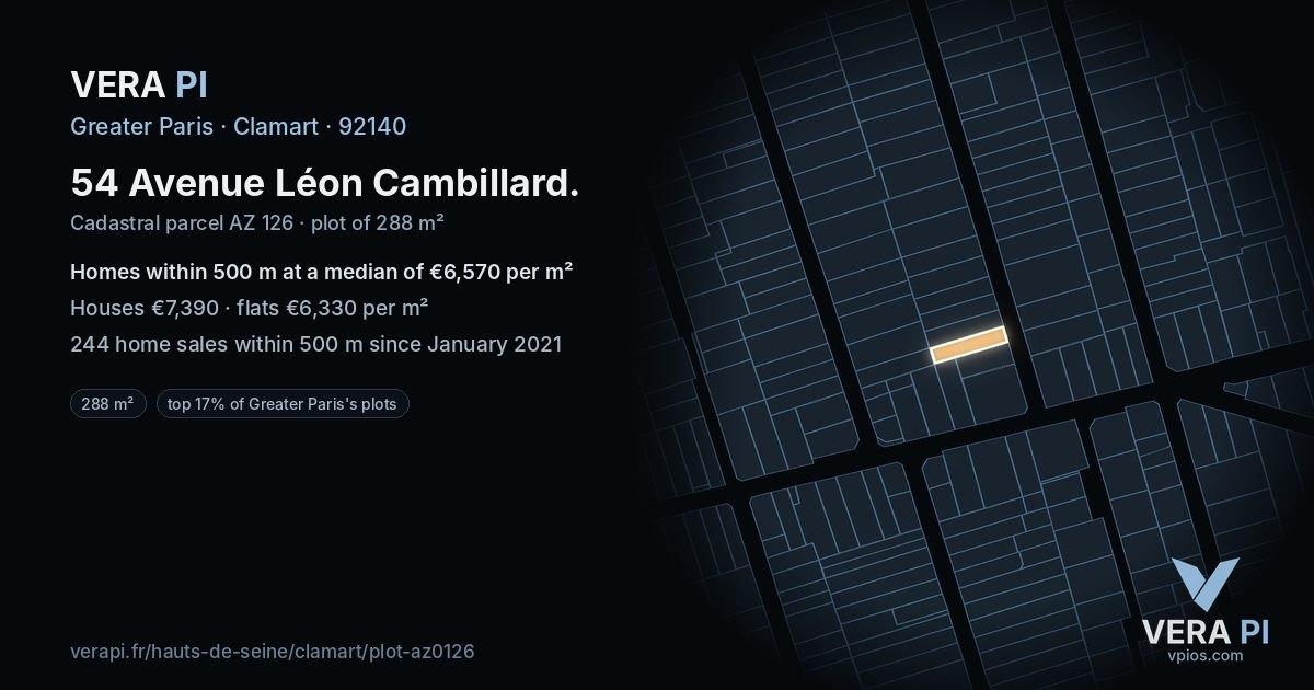 54 Avenue Léon Cambillard, Clamart at night – the plot lit, the parcels around coloured by the prices near them
