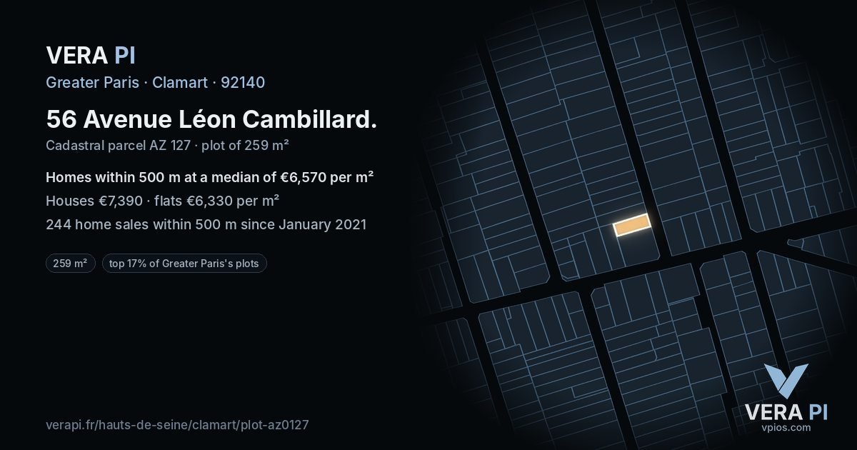 56 Avenue Léon Cambillard, Clamart at night – the plot lit, the parcels around coloured by the prices near them