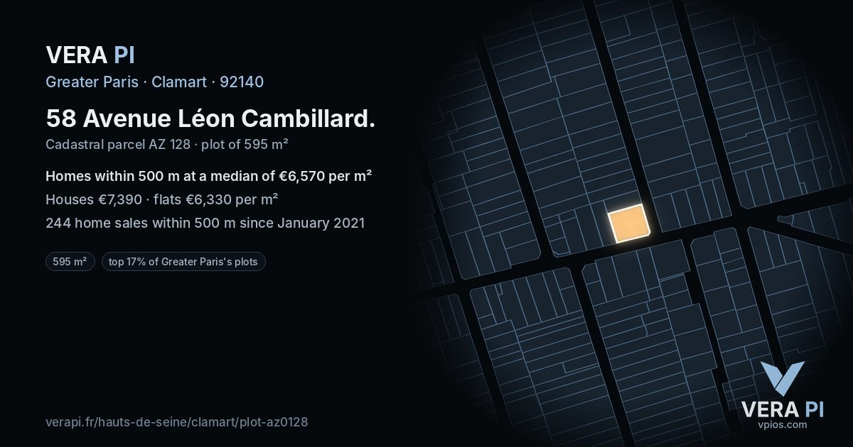 58 Avenue Léon Cambillard, Clamart at night – the plot lit, the parcels around coloured by the prices near them
