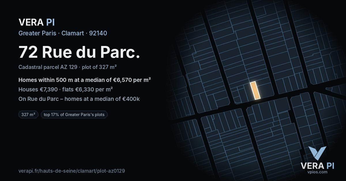 72 Rue du Parc, Clamart at night – the plot lit, the parcels around coloured by the prices near them