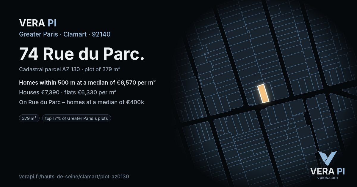 74 Rue du Parc, Clamart at night – the plot lit, the parcels around coloured by the prices near them