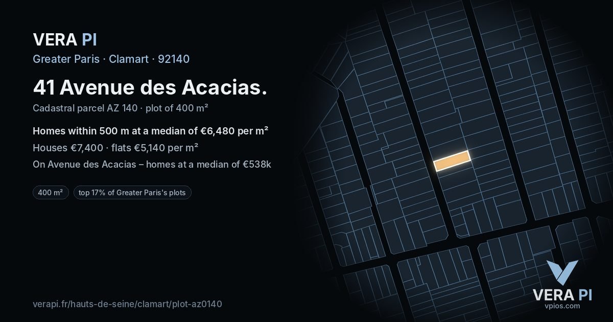 41 Avenue des Acacias, Clamart at night – the plot lit, the parcels around coloured by the prices near them