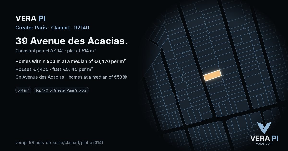 39 Avenue des Acacias, Clamart at night – the plot lit, the parcels around coloured by the prices near them
