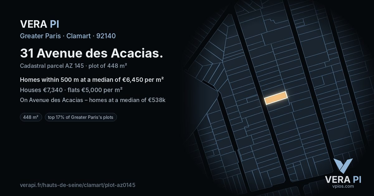 31 Avenue des Acacias, Clamart at night – the plot lit, the parcels around coloured by the prices near them