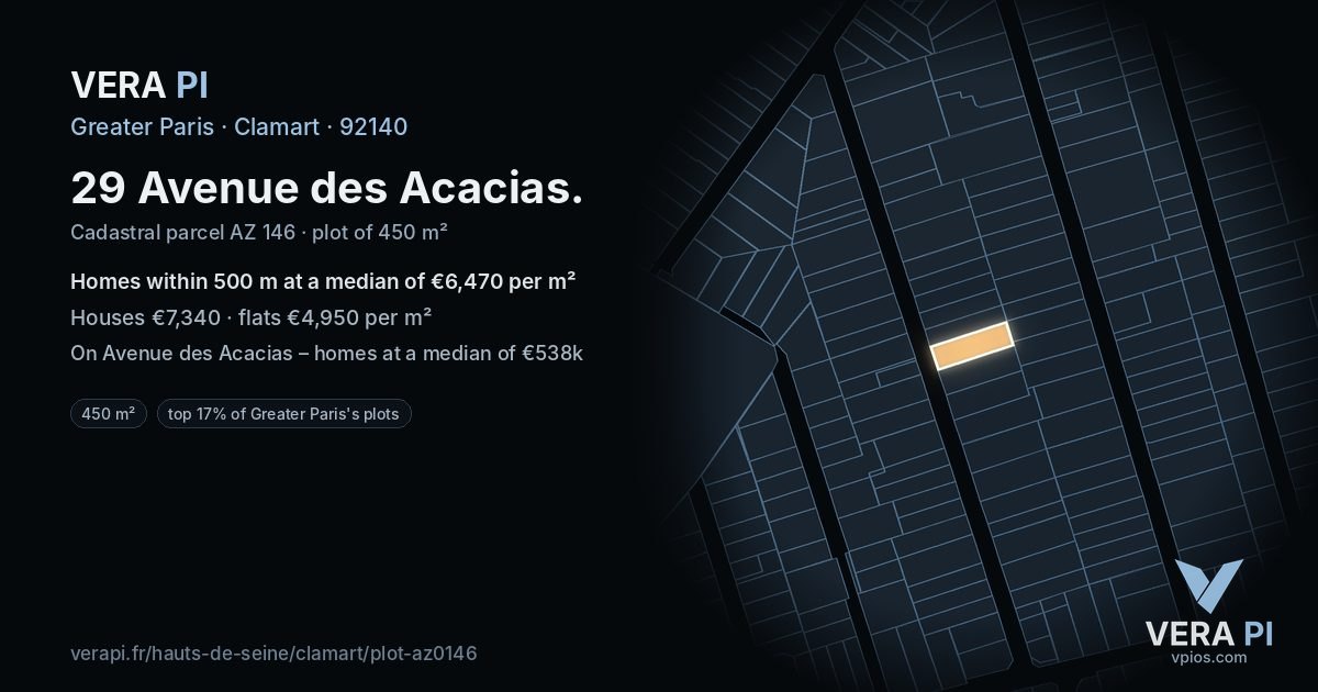 29 Avenue des Acacias, Clamart at night – the plot lit, the parcels around coloured by the prices near them