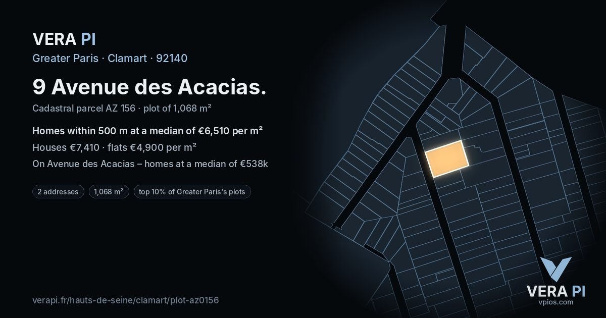 9 Avenue des Acacias, Clamart at night – the plot lit, the parcels around coloured by the prices near them