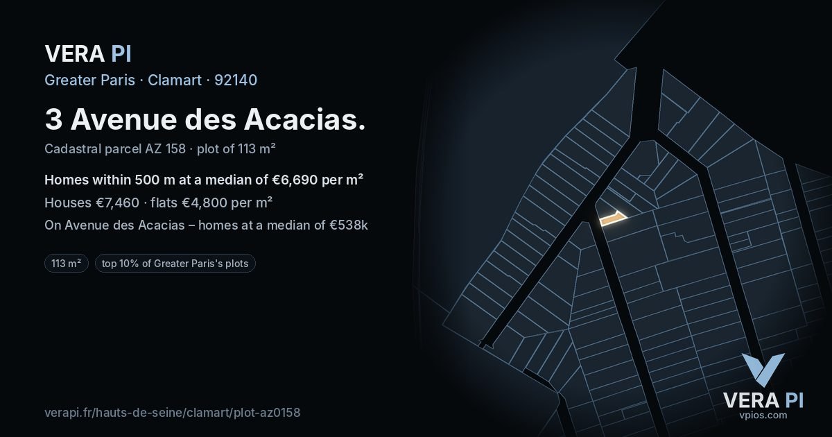 3 Avenue des Acacias, Clamart at night – the plot lit, the parcels around coloured by the prices near them