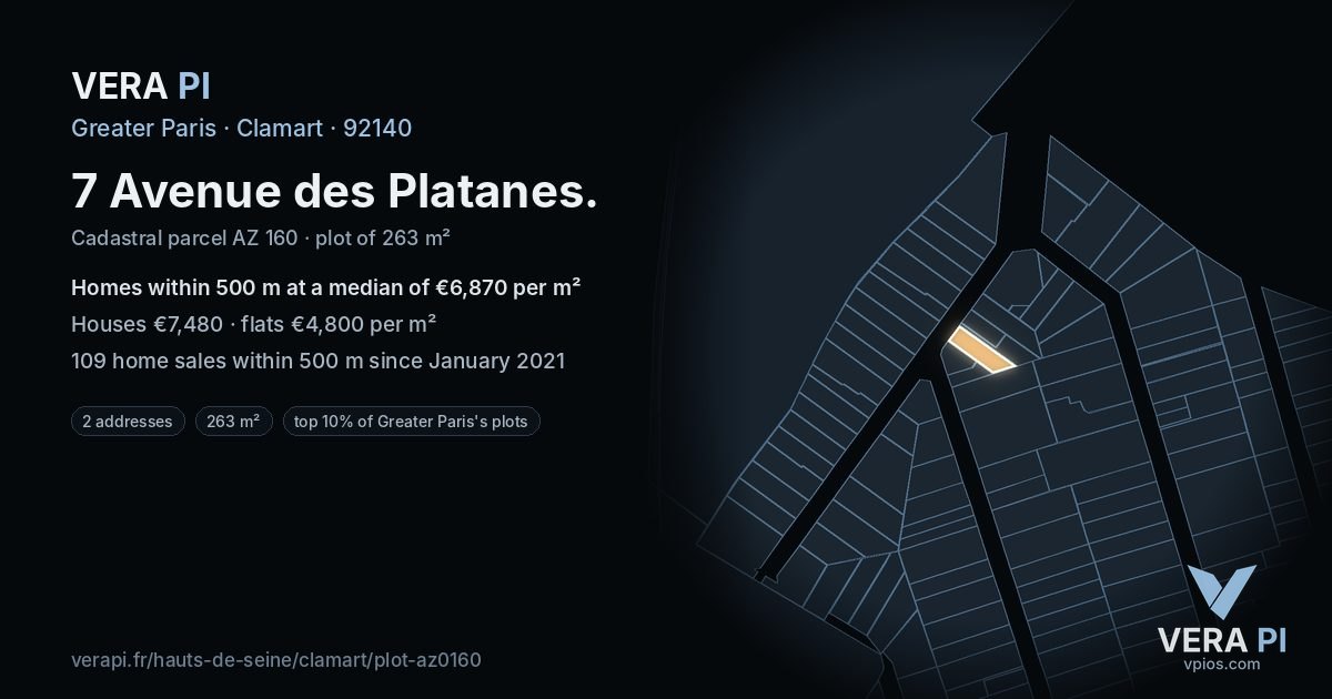 7 Avenue des Platanes, Clamart at night – the plot lit, the parcels around coloured by the prices near them