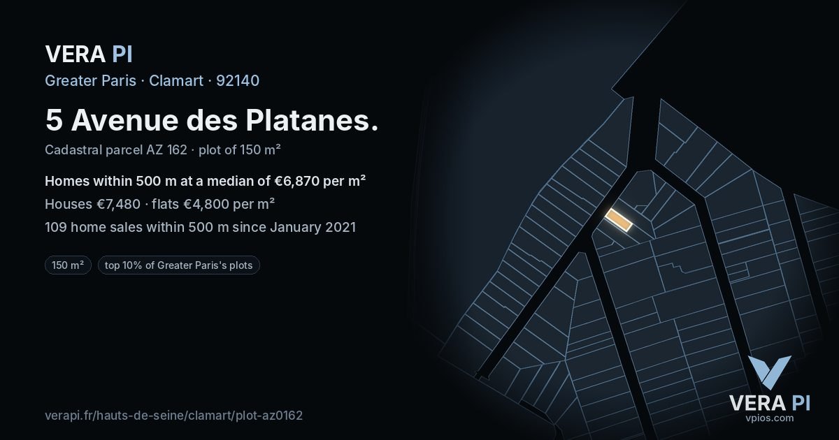5 Avenue des Platanes, Clamart at night – the plot lit, the parcels around coloured by the prices near them