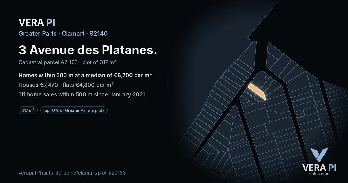 3 Avenue des Platanes, Clamart at night – the plot lit, the parcels around coloured by the prices near them
