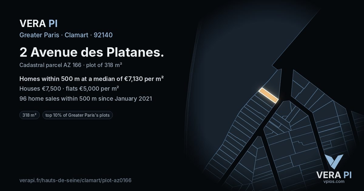 2 Avenue des Platanes, Clamart at night – the plot lit, the parcels around coloured by the prices near them