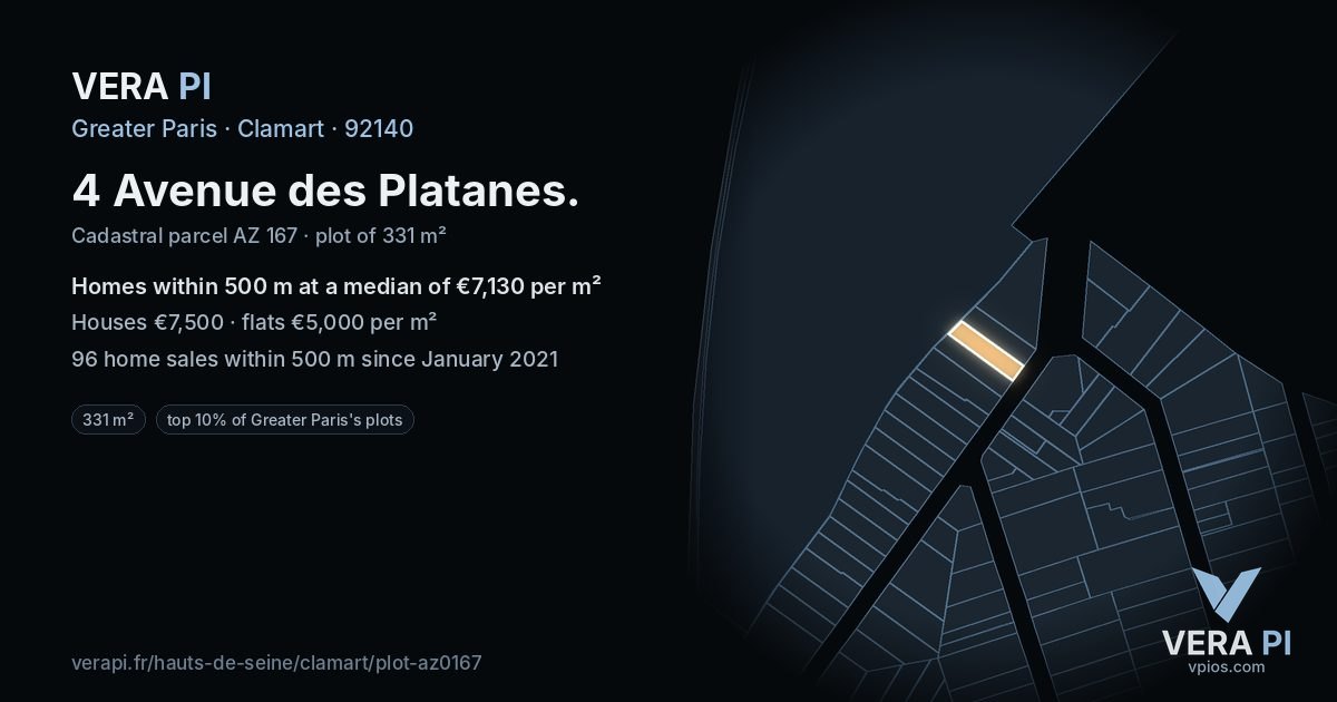 4 Avenue des Platanes, Clamart at night – the plot lit, the parcels around coloured by the prices near them