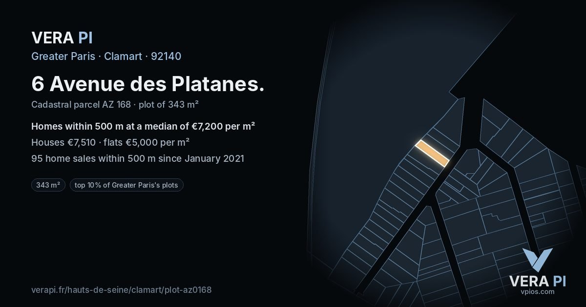 6 Avenue des Platanes, Clamart at night – the plot lit, the parcels around coloured by the prices near them