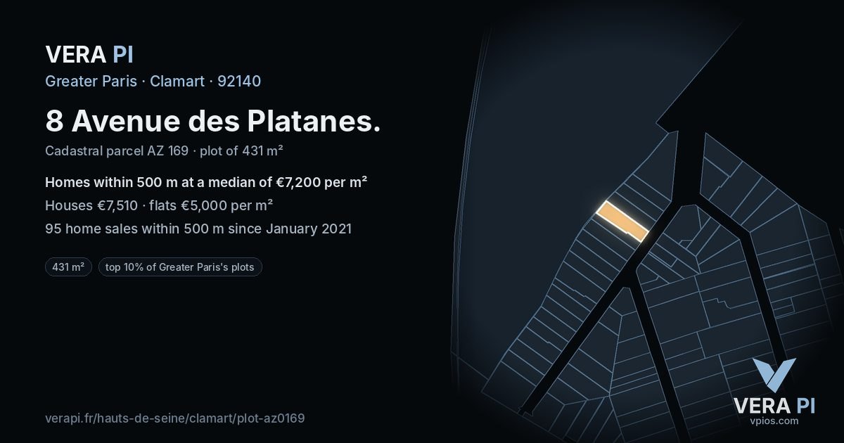 8 Avenue des Platanes, Clamart at night – the plot lit, the parcels around coloured by the prices near them