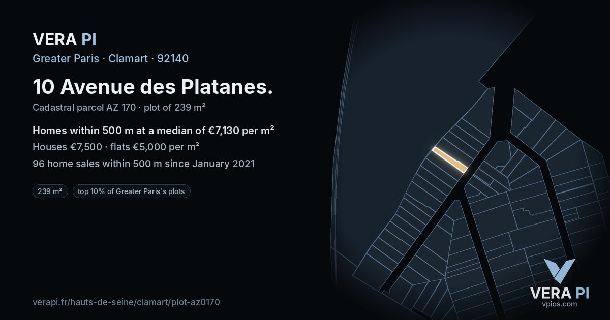 10 Avenue des Platanes, Clamart at night – the plot lit, the parcels around coloured by the prices near them