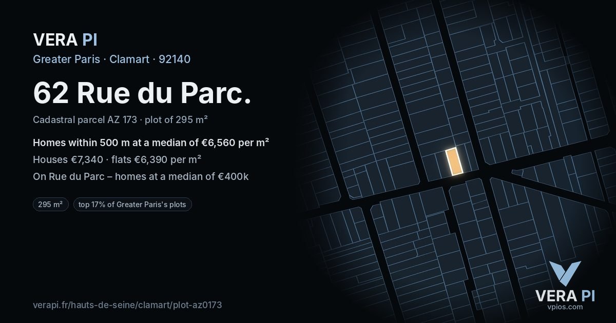 62 Rue du Parc, Clamart at night – the plot lit, the parcels around coloured by the prices near them