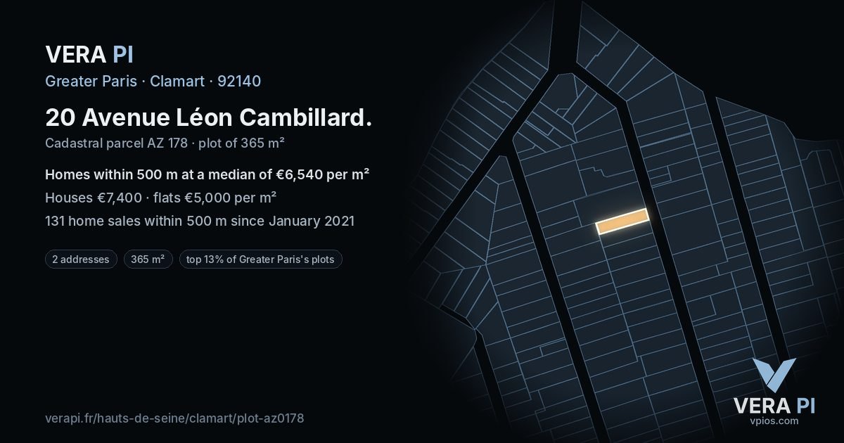 20 Avenue Léon Cambillard, Clamart at night – the plot lit, the parcels around coloured by the prices near them