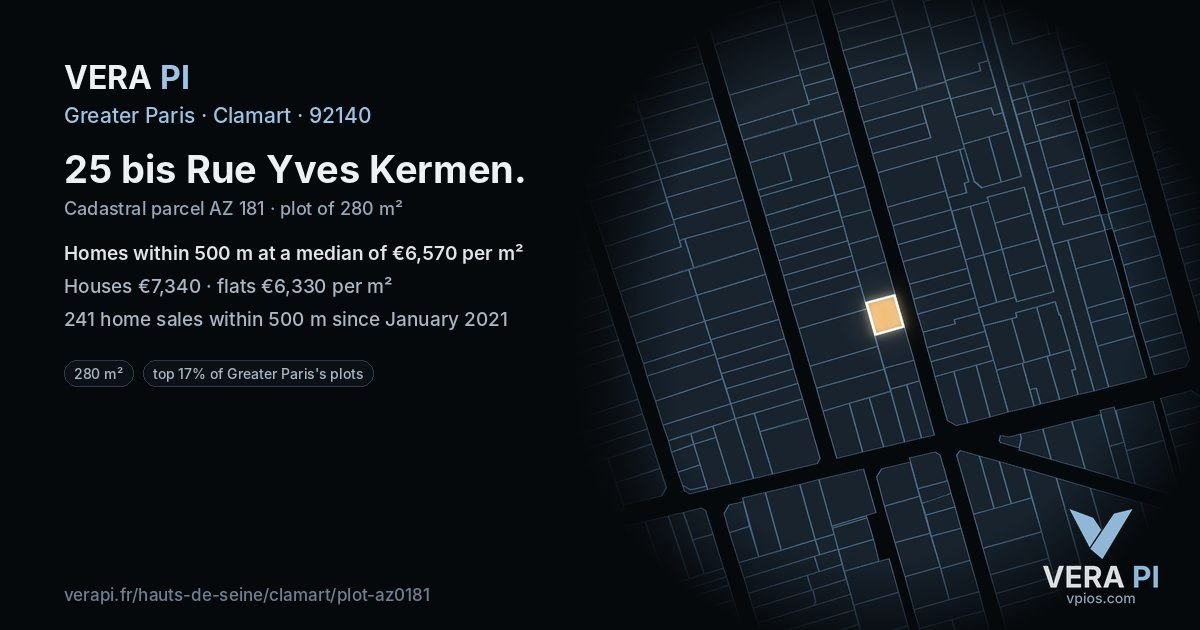 25 bis Rue Yves Kermen, Clamart at night – the plot lit, the parcels around coloured by the prices near them
