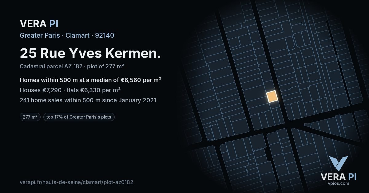 25 Rue Yves Kermen, Clamart at night – the plot lit, the parcels around coloured by the prices near them