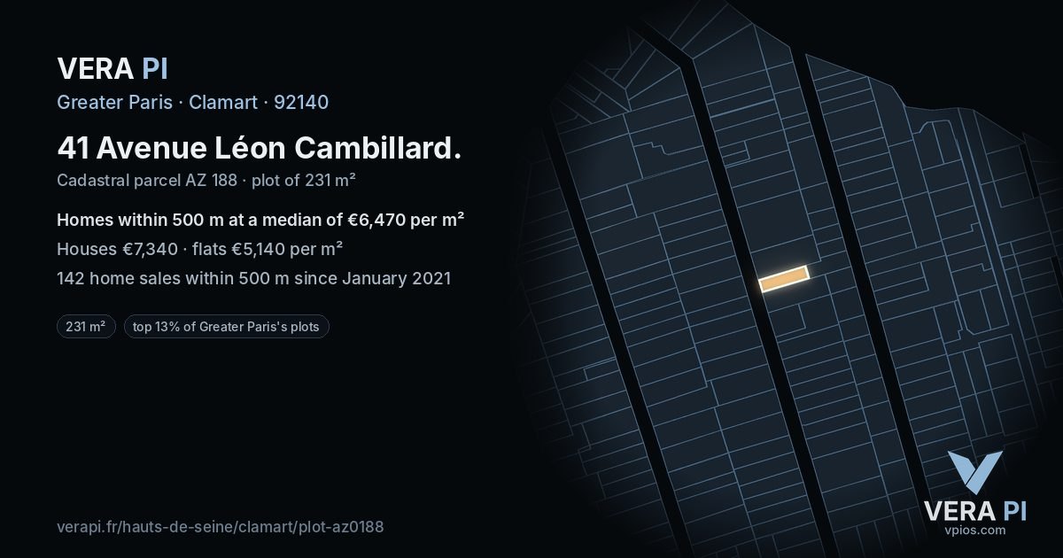 41 Avenue Léon Cambillard, Clamart at night – the plot lit, the parcels around coloured by the prices near them