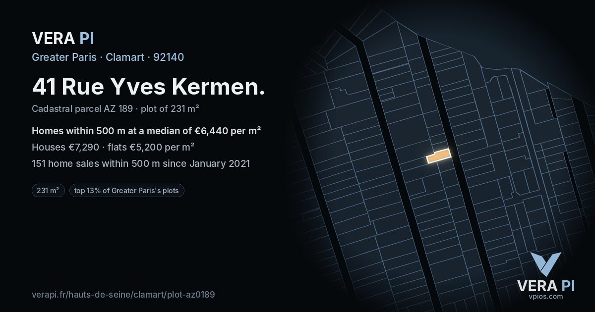 41 Rue Yves Kermen, Clamart at night – the plot lit, the parcels around coloured by the prices near them