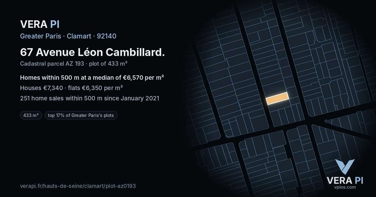 67 Avenue Léon Cambillard, Clamart at night – the plot lit, the parcels around coloured by the prices near them
