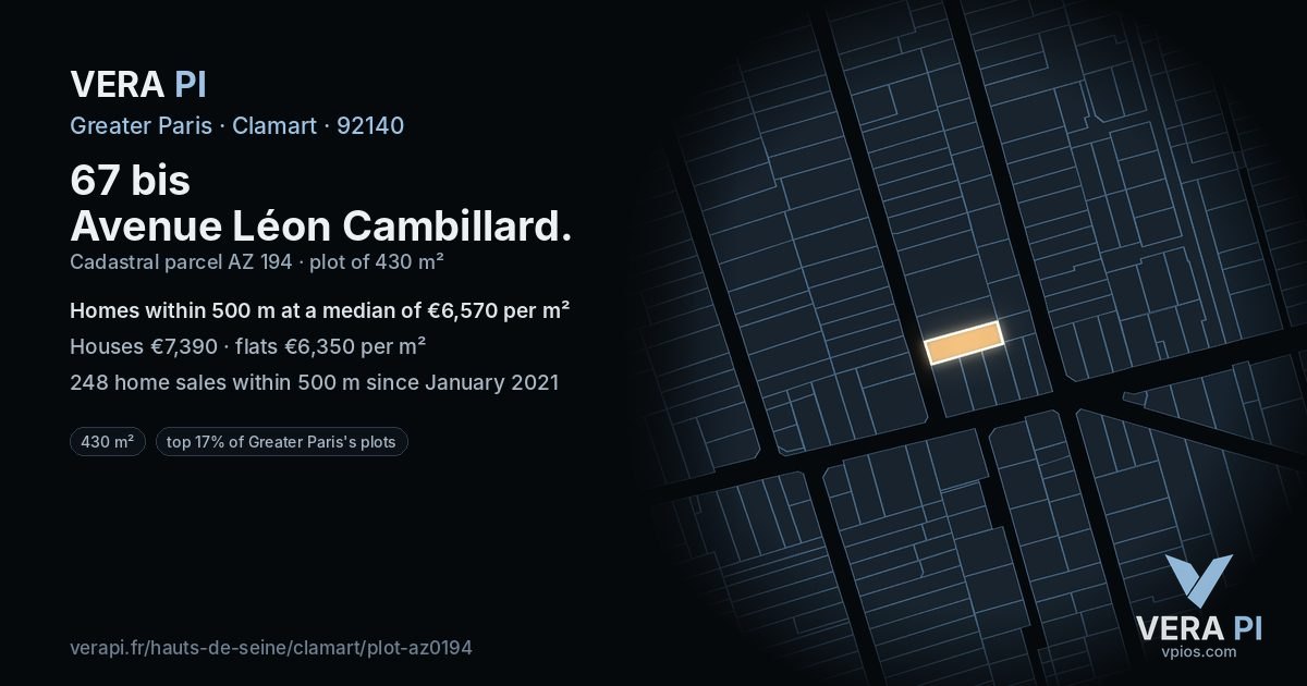 67 bis Avenue Léon Cambillard, Clamart at night – the plot lit, the parcels around coloured by the prices near them