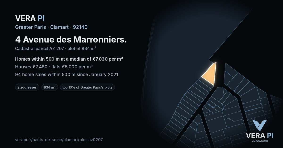 4 Avenue des Marronniers, Clamart at night – the plot lit, the parcels around coloured by the prices near them