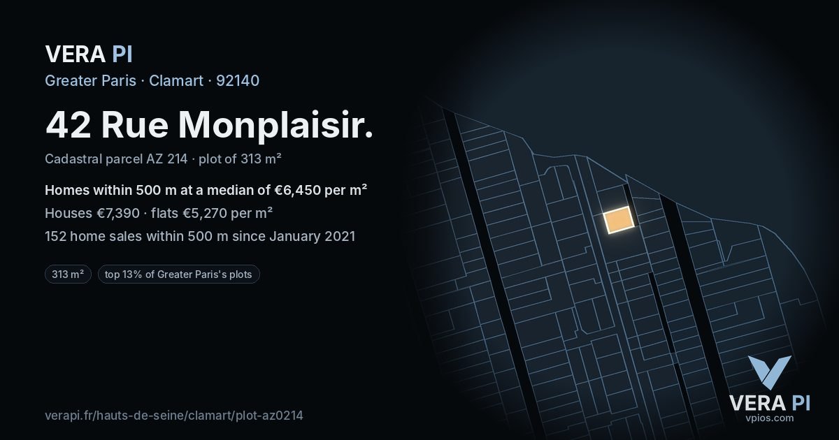 42 Rue Monplaisir, Clamart at night – the plot lit, the parcels around coloured by the prices near them