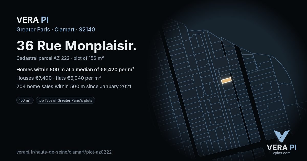 36 Rue Monplaisir, Clamart at night – the plot lit, the parcels around coloured by the prices near them