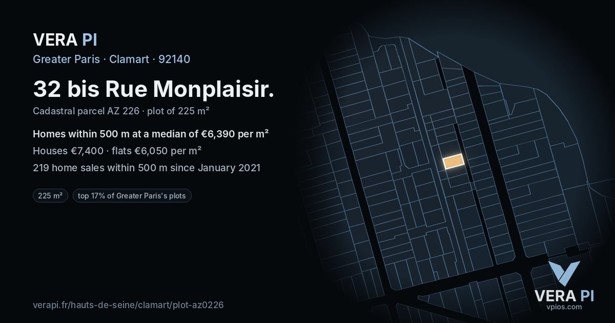 32 bis Rue Monplaisir, Clamart at night – the plot lit, the parcels around coloured by the prices near them