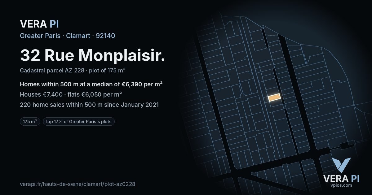 32 Rue Monplaisir, Clamart at night – the plot lit, the parcels around coloured by the prices near them