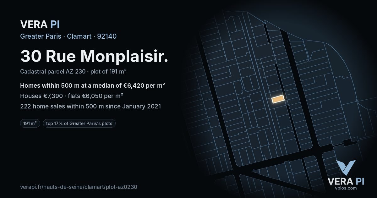 30 Rue Monplaisir, Clamart at night – the plot lit, the parcels around coloured by the prices near them