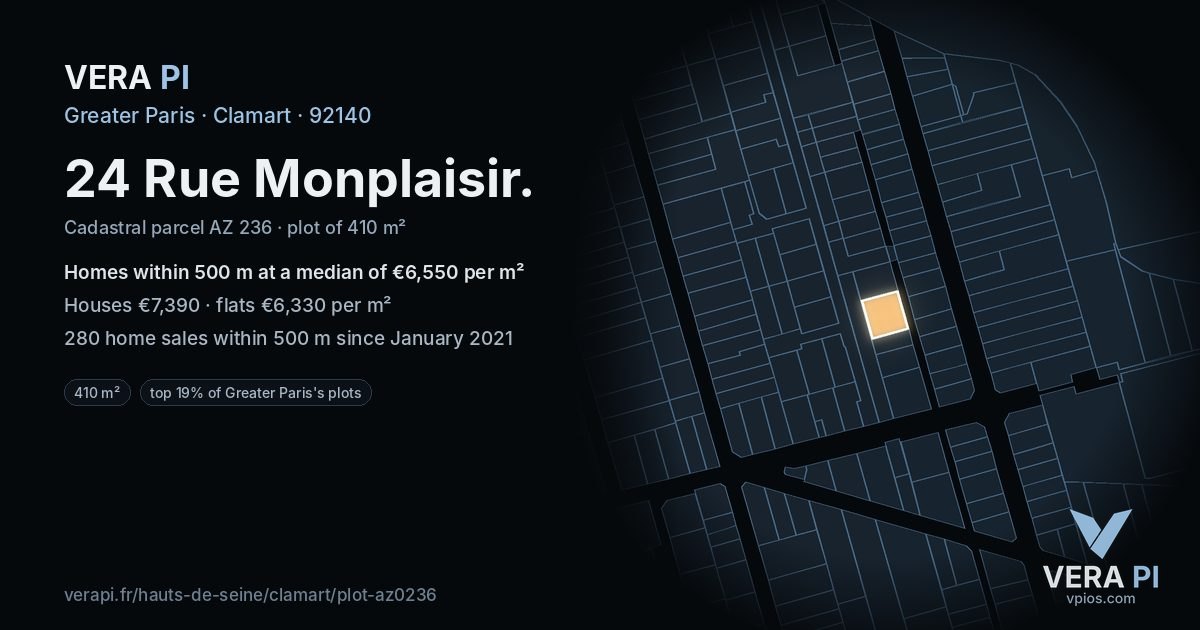 24 Rue Monplaisir, Clamart at night – the plot lit, the parcels around coloured by the prices near them