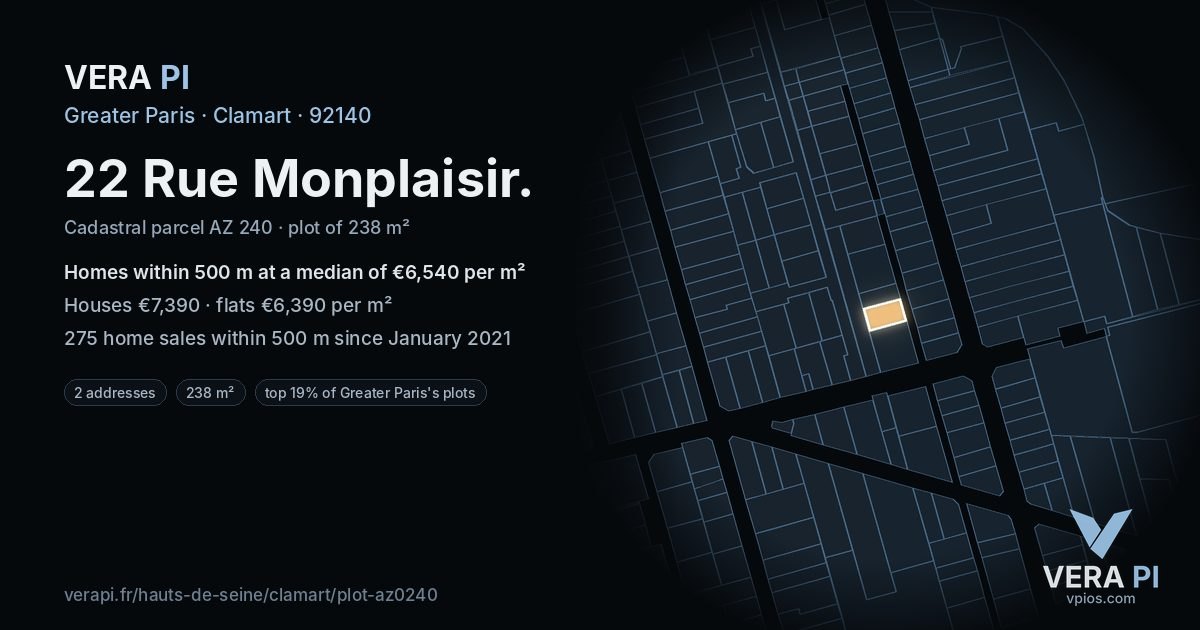 22 Rue Monplaisir, Clamart at night – the plot lit, the parcels around coloured by the prices near them