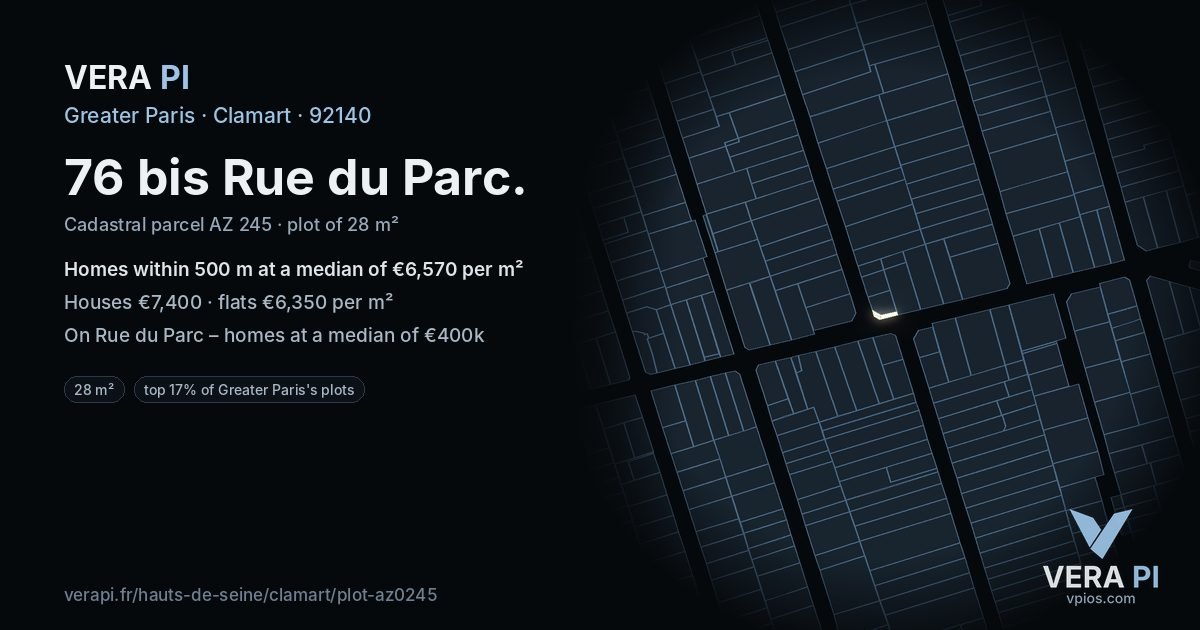 76 bis Rue du Parc, Clamart at night – the plot lit, the parcels around coloured by the prices near them