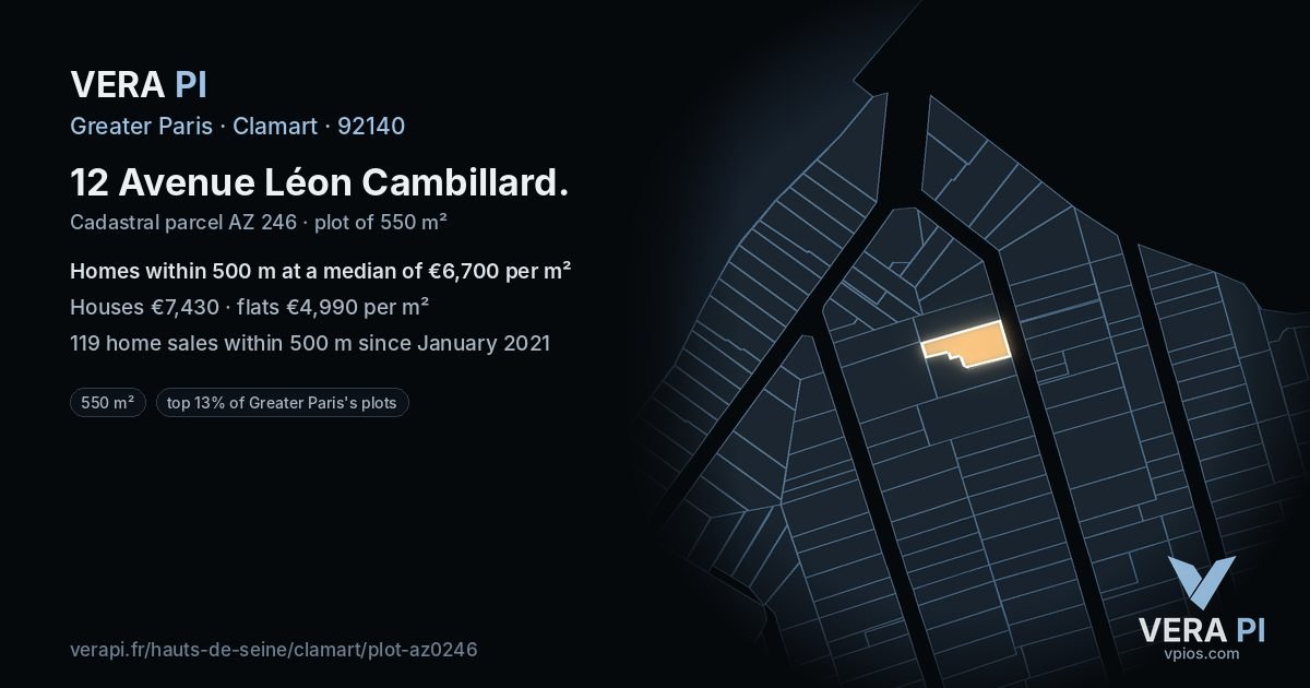 12 Avenue Léon Cambillard, Clamart at night – the plot lit, the parcels around coloured by the prices near them