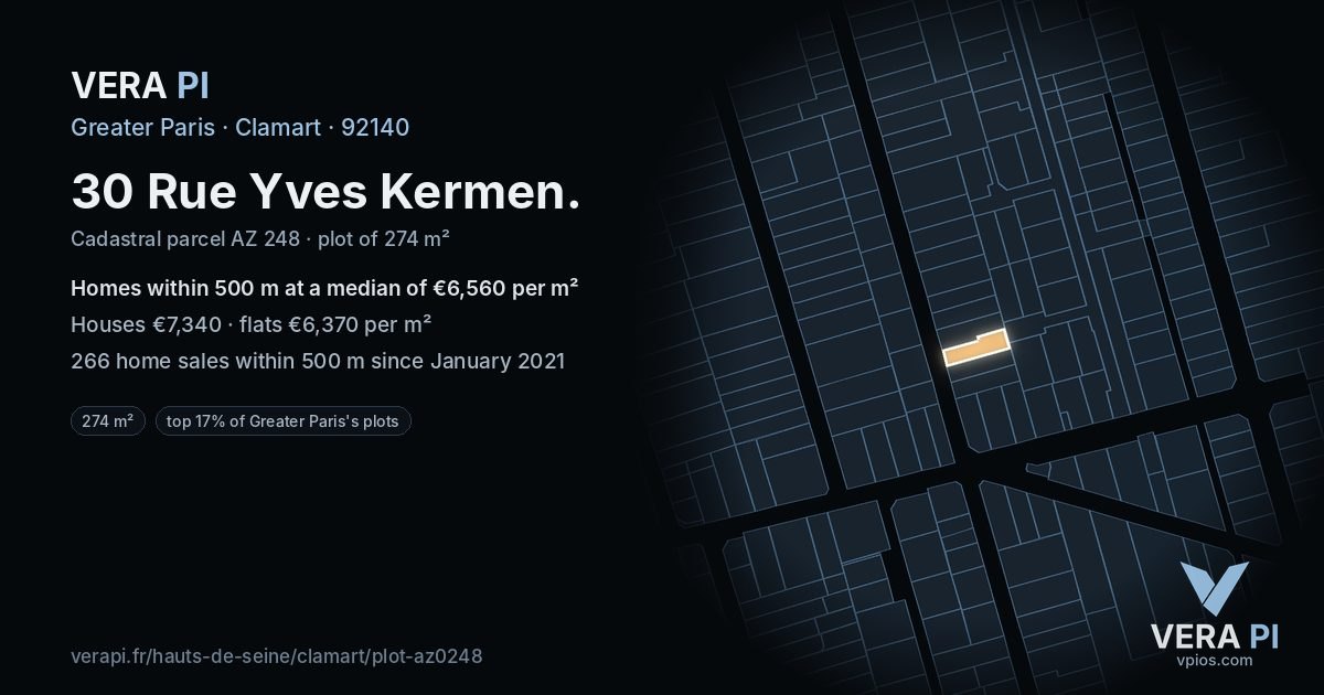 30 Rue Yves Kermen, Clamart at night – the plot lit, the parcels around coloured by the prices near them