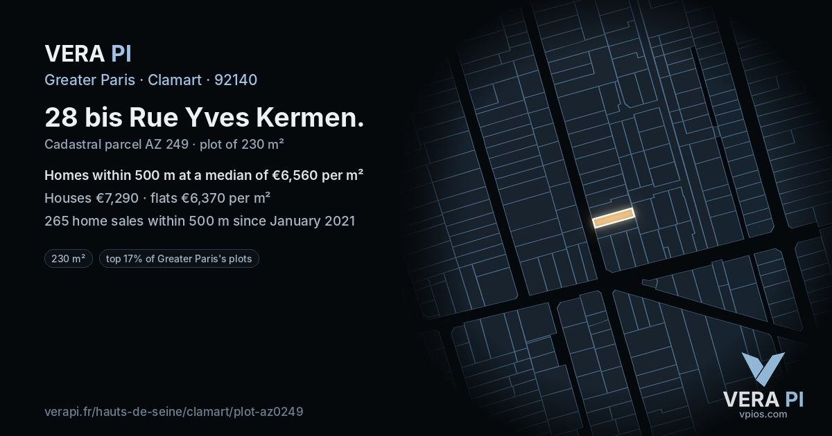 28 bis Rue Yves Kermen, Clamart at night – the plot lit, the parcels around coloured by the prices near them