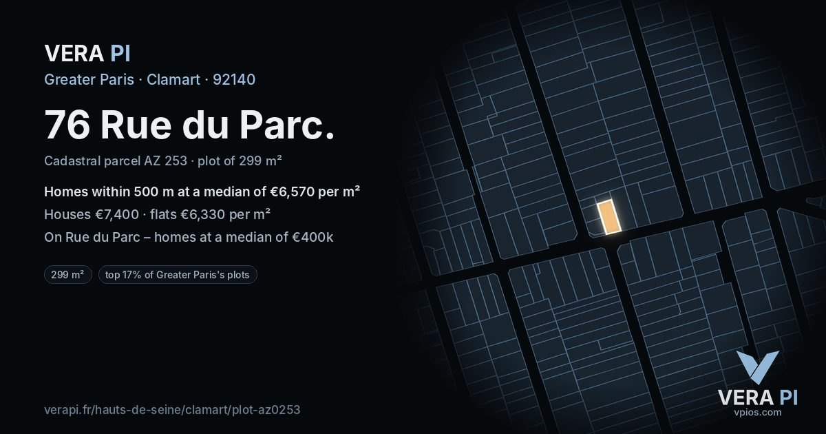 76 Rue du Parc, Clamart at night – the plot lit, the parcels around coloured by the prices near them