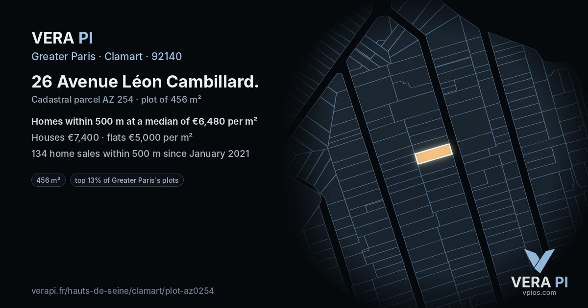 26 Avenue Léon Cambillard, Clamart at night – the plot lit, the parcels around coloured by the prices near them