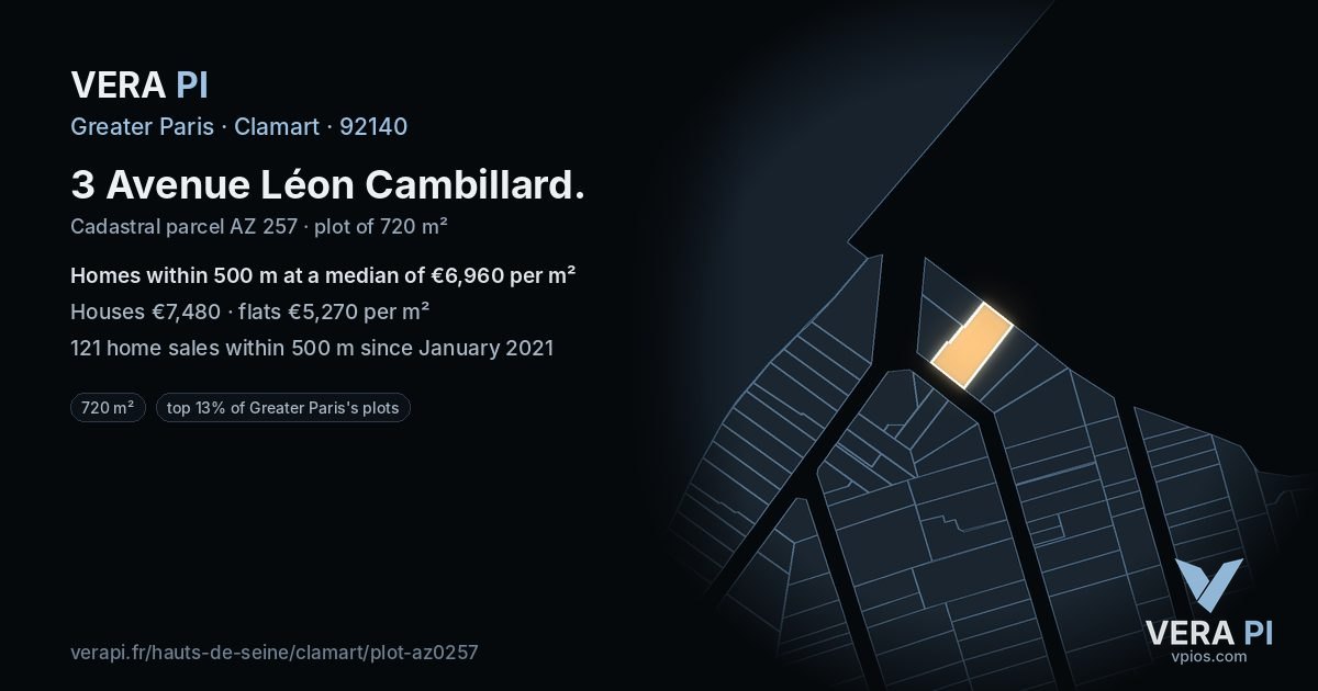 3 Avenue Léon Cambillard, Clamart at night – the plot lit, the parcels around coloured by the prices near them