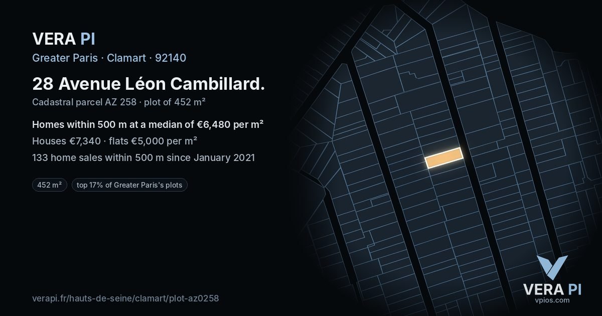 28 Avenue Léon Cambillard, Clamart at night – the plot lit, the parcels around coloured by the prices near them
