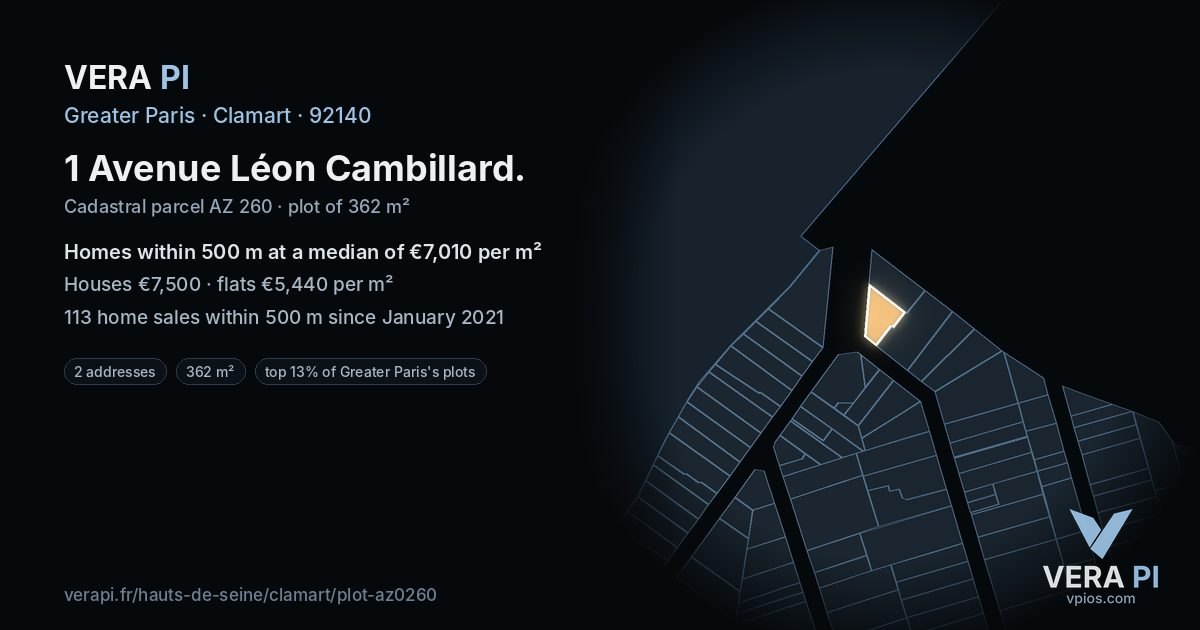 1 Avenue Léon Cambillard, Clamart at night – the plot lit, the parcels around coloured by the prices near them
