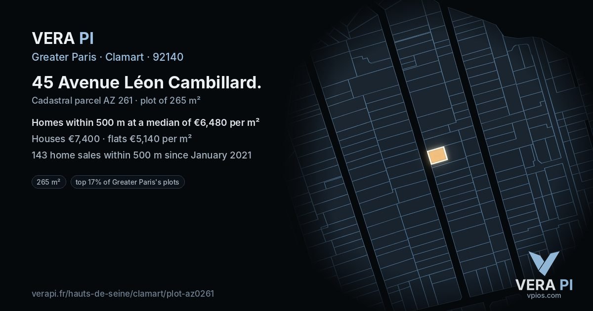 45 Avenue Léon Cambillard, Clamart at night – the plot lit, the parcels around coloured by the prices near them