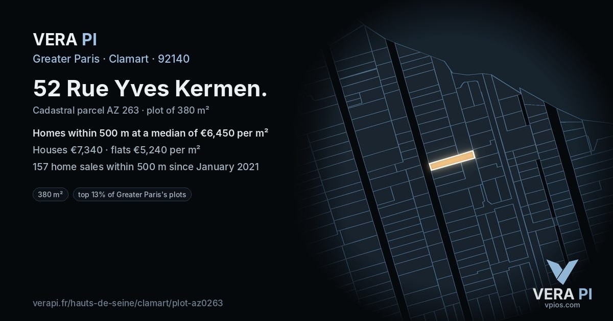 52 Rue Yves Kermen, Clamart at night – the plot lit, the parcels around coloured by the prices near them