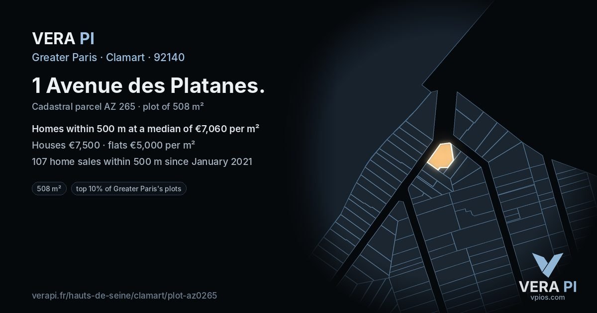 1 Avenue des Platanes, Clamart at night – the plot lit, the parcels around coloured by the prices near them