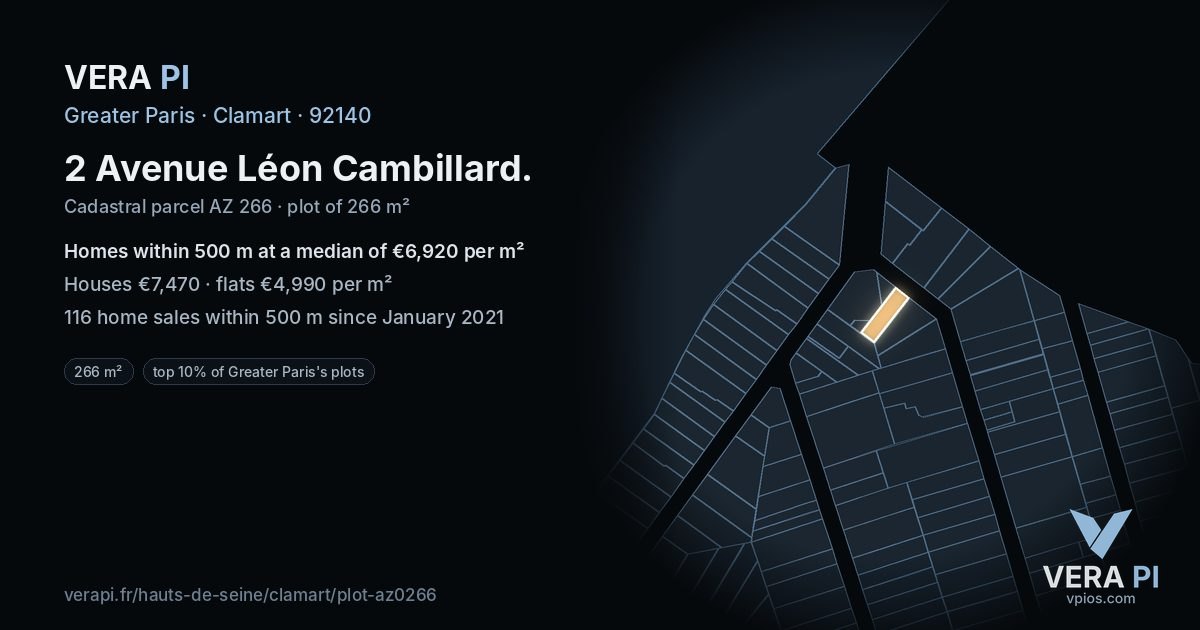 2 Avenue Léon Cambillard, Clamart at night – the plot lit, the parcels around coloured by the prices near them