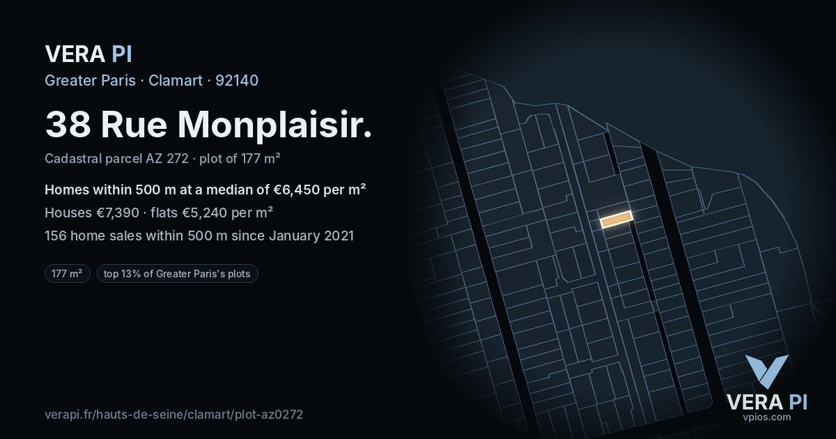 38 Rue Monplaisir, Clamart at night – the plot lit, the parcels around coloured by the prices near them