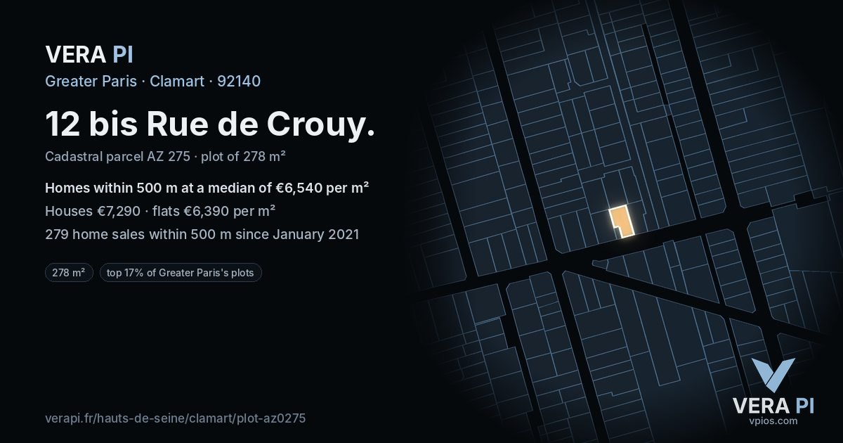 12 bis Rue de Crouy, Clamart at night – the plot lit, the parcels around coloured by the prices near them